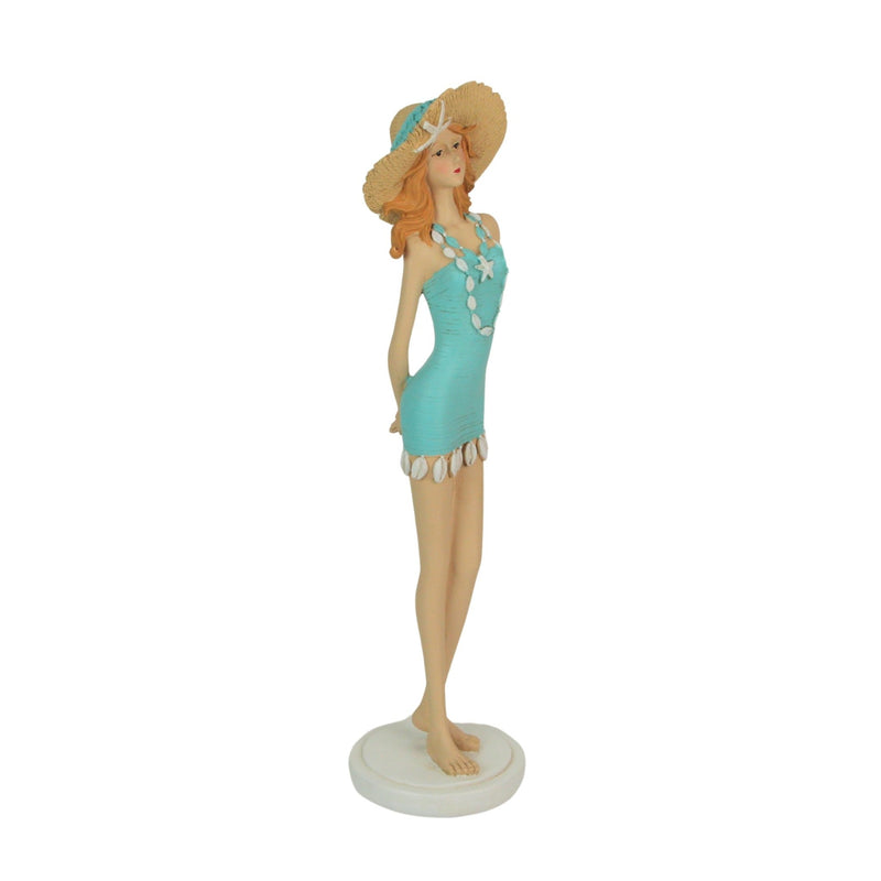 Charming Redhead Retro Bathing Beauty Figurine – 14-Inch High, Starfish Embellished Straw Sun Hat, Vintage Coastal Decor