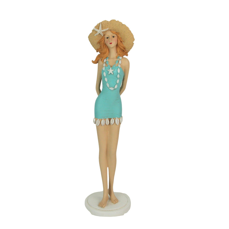 Charming Redhead Retro Bathing Beauty Figurine – 14-Inch High, Starfish Embellished Straw Sun Hat, Vintage Coastal Decor