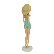 Charming Redhead Retro Bathing Beauty Figurine – 14-Inch High, Starfish Embellished Straw Sun Hat, Vintage Coastal Decor
