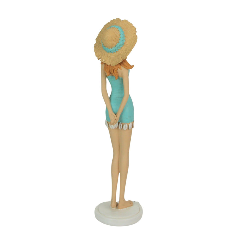 Charming Redhead Retro Bathing Beauty Figurine – 14-Inch High, Starfish Embellished Straw Sun Hat, Vintage Coastal Decor