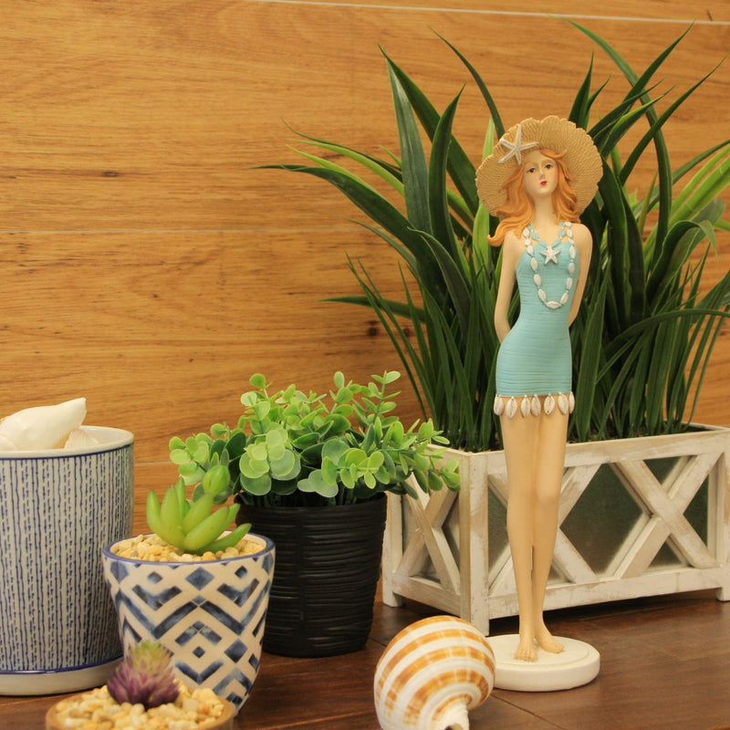 Charming Redhead Retro Bathing Beauty Figurine – 14-Inch High, Starfish Embellished Straw Sun Hat, Vintage Coastal Decor