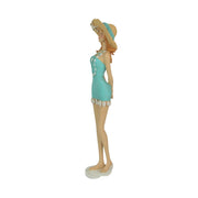 Charming Redhead Retro Bathing Beauty Figurine – 14-Inch High, Starfish Embellished Straw Sun Hat, Vintage Coastal Decor