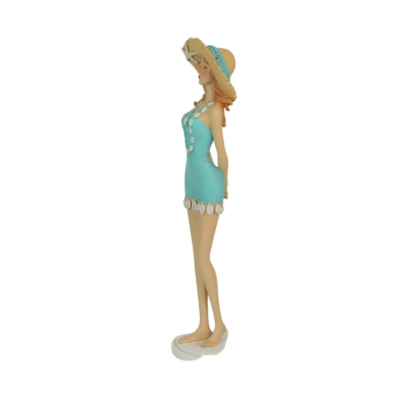 Charming Redhead Retro Bathing Beauty Figurine – 14-Inch High, Starfish Embellished Straw Sun Hat, Vintage Coastal Decor