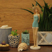Charming Redhead Retro Bathing Beauty Figurine – 14-Inch High, Starfish Embellished Straw Sun Hat, Vintage Coastal Decor