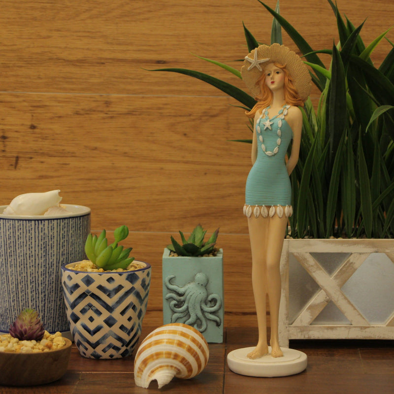 Charming Redhead Retro Bathing Beauty Figurine – 14-Inch High, Starfish Embellished Straw Sun Hat, Vintage Coastal Decor