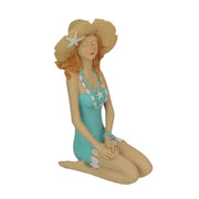 Charming Redhead Retro Bathing Beauty Figurine – 7.75-Inch High, Sitting with Starfish Embellished Swimsuit and Straw Sun