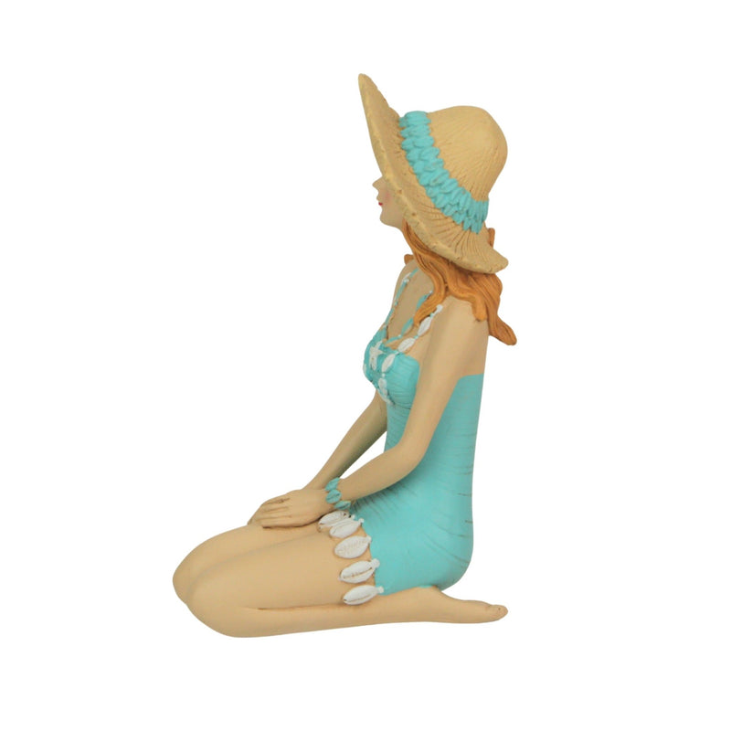 Charming Redhead Retro Bathing Beauty Figurine – 7.75-Inch High, Sitting with Starfish Embellished Swimsuit and Straw Sun