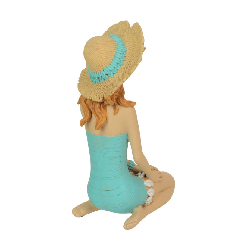 Charming Redhead Retro Bathing Beauty Figurine – 7.75-Inch High, Sitting with Starfish Embellished Swimsuit and Straw Sun