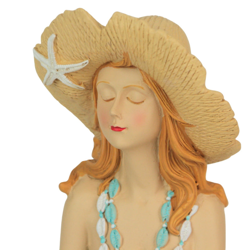 Charming Redhead Retro Bathing Beauty Figurine – 7.75-Inch High, Sitting with Starfish Embellished Swimsuit and Straw Sun