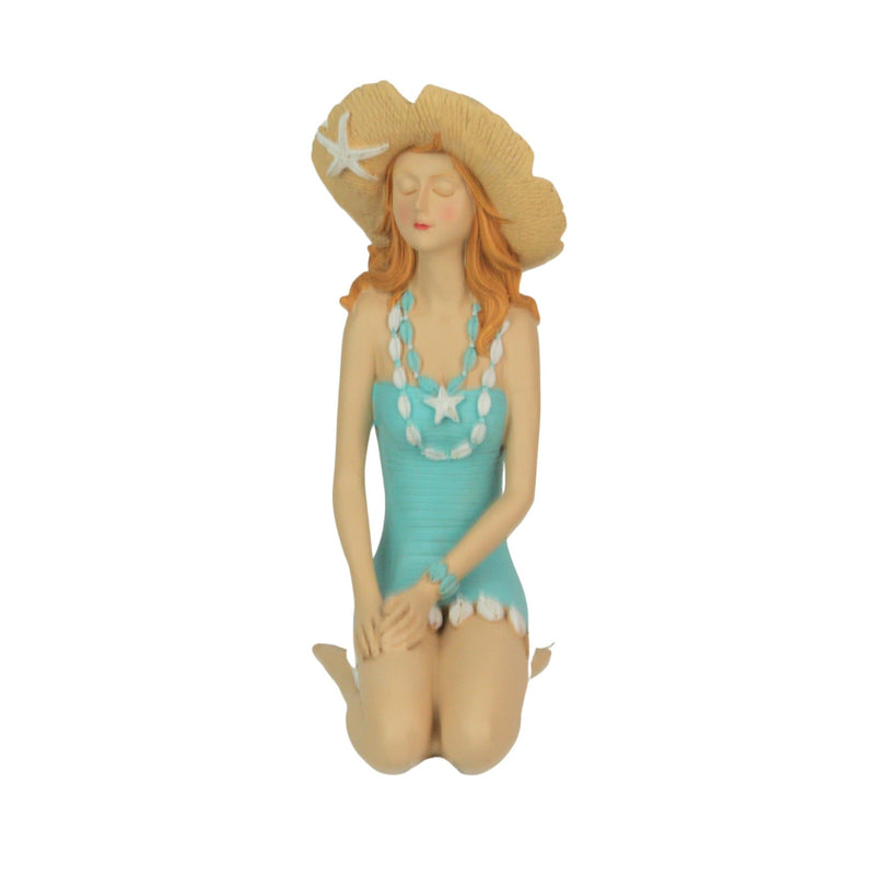 Charming Redhead Retro Bathing Beauty Figurine – 7.75-Inch High, Sitting with Starfish Embellished Swimsuit and Straw Sun