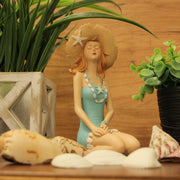 Charming Redhead Retro Bathing Beauty Figurine – 7.75-Inch High, Sitting with Starfish Embellished Swimsuit and Straw Sun