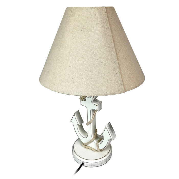 Coastal White Anchor Table Lamp with Shade, 19" Nautical Wood Accent Lamp, Beach House Bedroom Nightstand Lighting, Rope