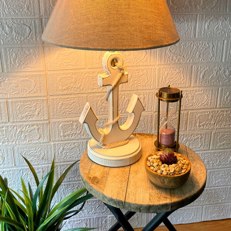 Coastal White Anchor Table Lamp with Shade, 19" Nautical Wood Accent Lamp, Beach House Bedroom Nightstand Lighting, Rope