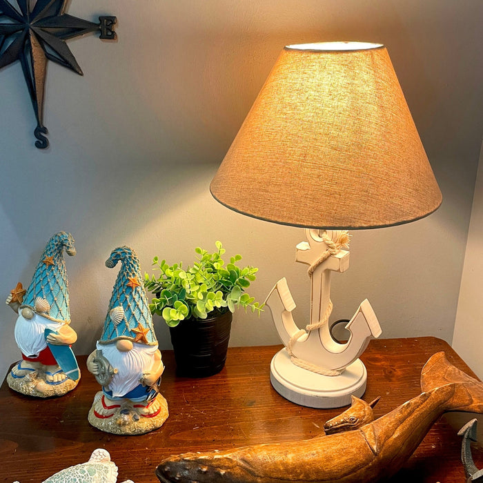 Coastal White Anchor Table Lamp with Shade, 19" Nautical Wood Accent Lamp, Beach House Bedroom Nightstand Lighting, Rope