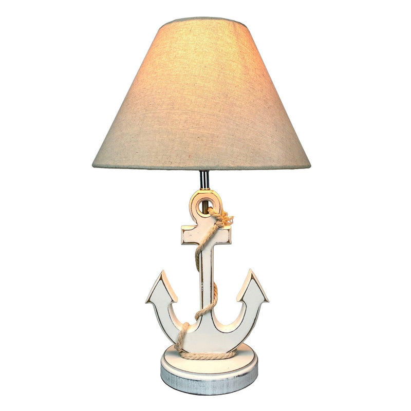 Coastal White Anchor Table Lamp with Shade, 19" Nautical Wood Accent Lamp, Beach House Bedroom Nightstand Lighting, Rope