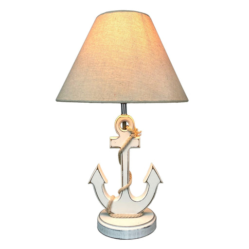 Coastal White Anchor Table Lamp with Shade, 19" Nautical Wood Accent Lamp, Beach House Bedroom Nightstand Lighting, Rope