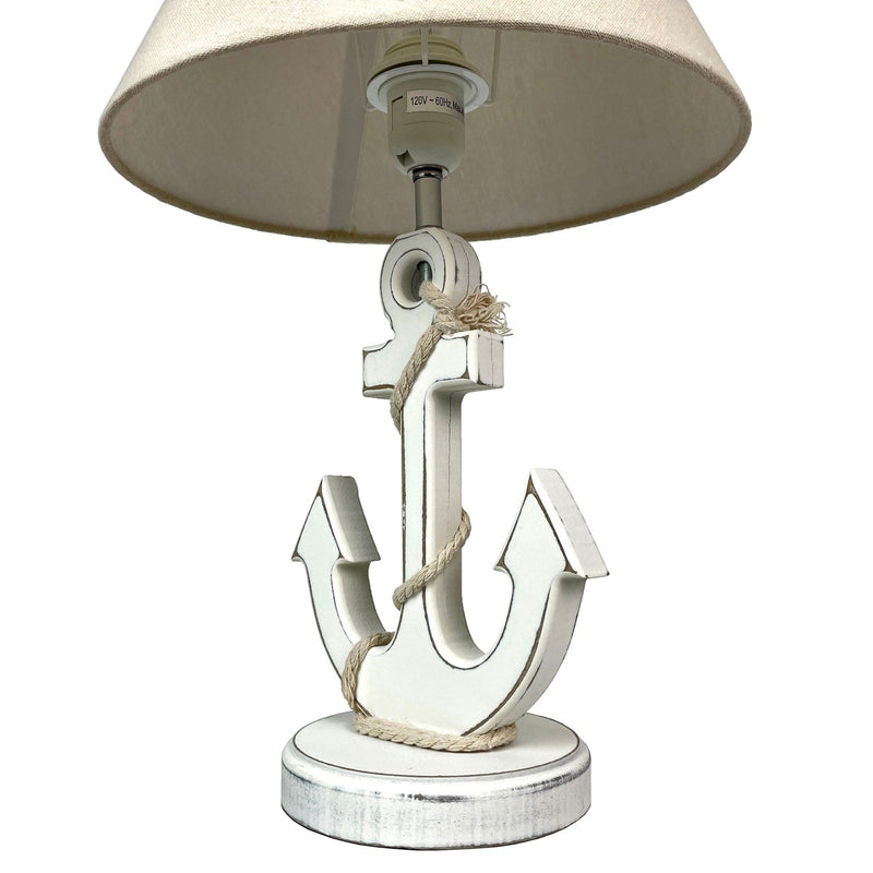 Coastal White Anchor Table Lamp with Shade, 19" Nautical Wood Accent Lamp, Beach House Bedroom Nightstand Lighting, Rope