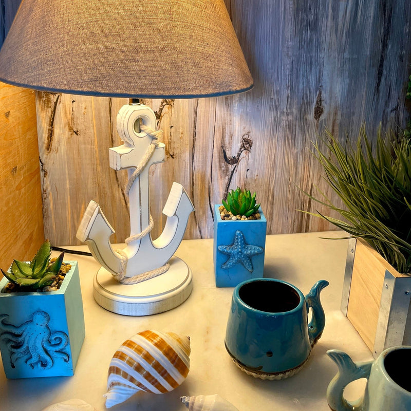 Coastal White Anchor Table Lamp with Shade, 19" Nautical Wood Accent Lamp, Beach House Bedroom Nightstand Lighting, Rope