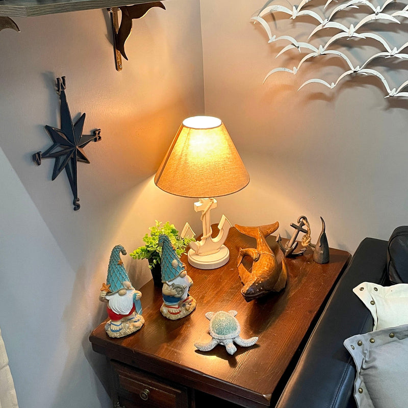 Coastal White Anchor Table Lamp with Shade, 19" Nautical Wood Accent Lamp, Beach House Bedroom Nightstand Lighting, Rope
