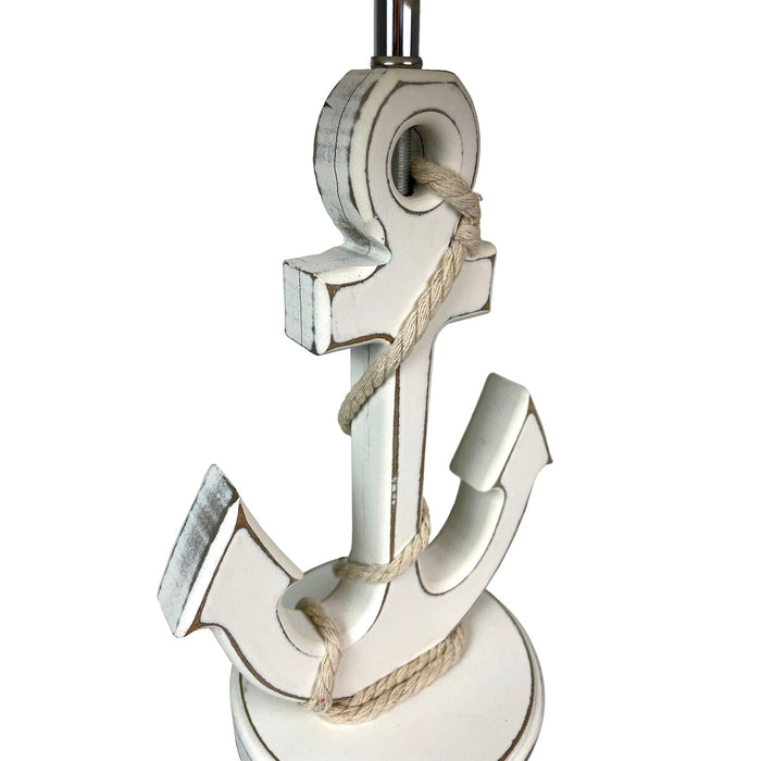 Coastal White Anchor Table Lamp with Shade, 19" Nautical Wood Accent Lamp, Beach House Bedroom Nightstand Lighting, Rope