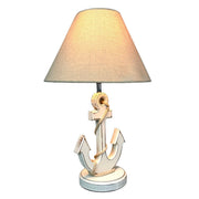 Coastal White Anchor Table Lamp with Shade, 19" Nautical Wood Accent Lamp, Beach House Bedroom Nightstand Lighting, Rope