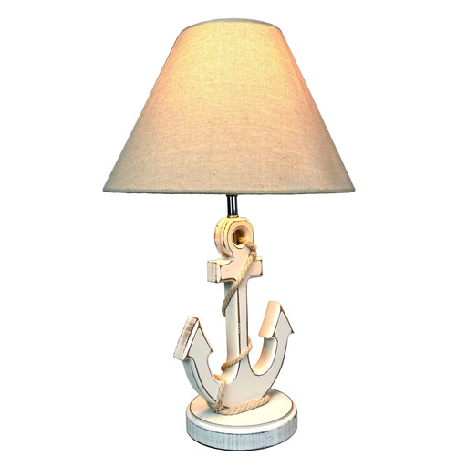 Coastal White Anchor Table Lamp with Shade, 19" Nautical Wood Accent Lamp, Beach House Bedroom Nightstand Lighting, Rope