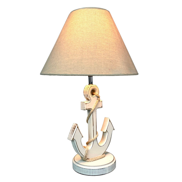 Coastal White Anchor Table Lamp with Shade, 19" Nautical Wood Accent Lamp, Beach House Bedroom Nightstand Lighting, Rope