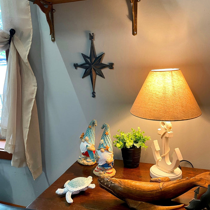 Coastal White Anchor Table Lamp with Shade, 19" Nautical Wood Accent Lamp, Beach House Bedroom Nightstand Lighting, Rope