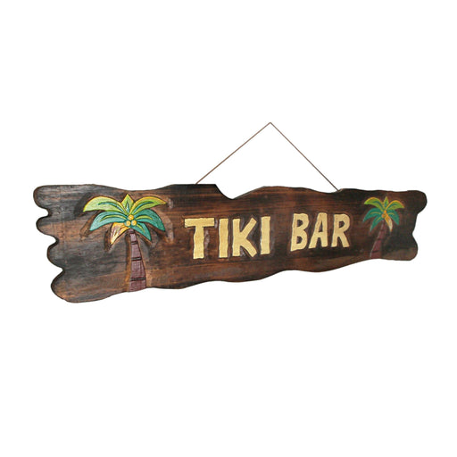 Rustic Wooden Tiki Bar Sign with Palm Tree Design – Tropical Wall Hanging Décor for Home, Garden, or Poolside – 39 x 9 x 0.75