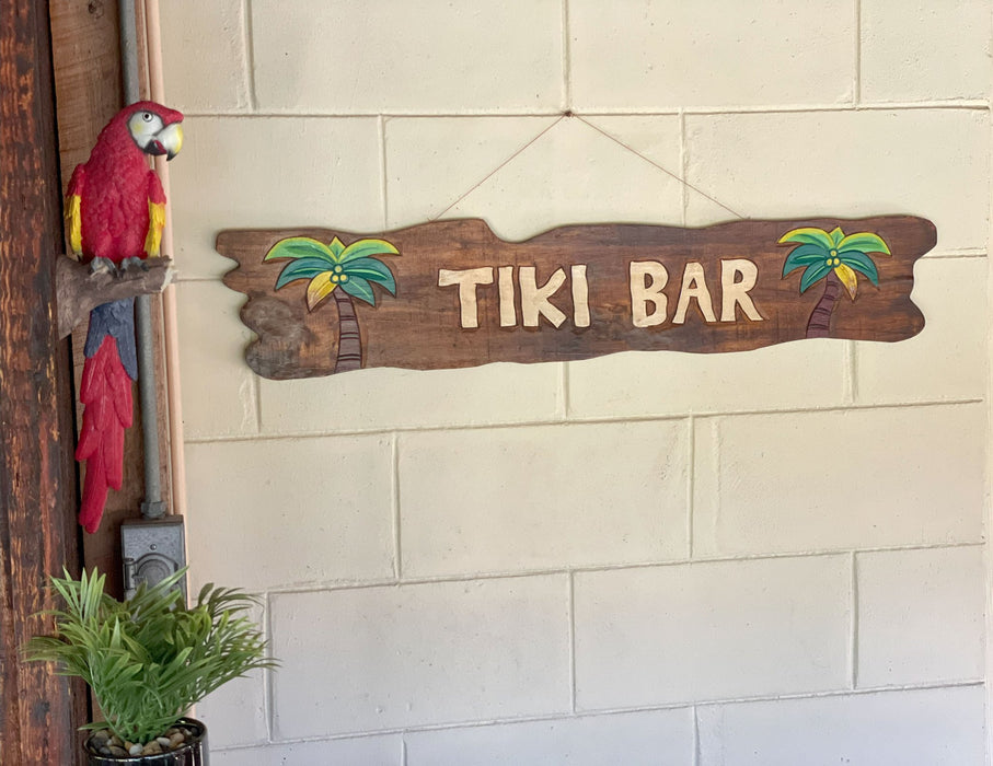 Rustic Wooden Tiki Bar Sign with Palm Tree Design – Tropical Wall Hanging Décor for Home, Garden, or Poolside – 39 x 9 x 0.75