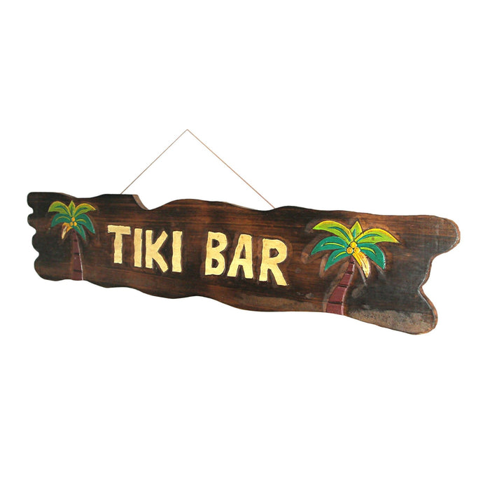 Rustic Wooden Tiki Bar Sign with Palm Tree Design – Tropical Wall Hanging Décor for Home, Garden, or Poolside – 39 x 9 x 0.75