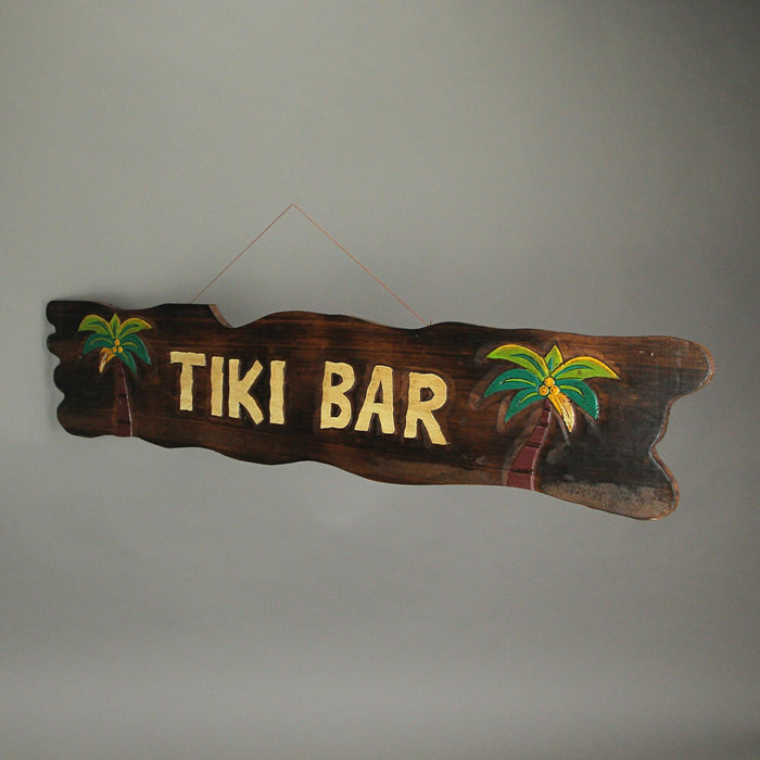 Rustic Wooden Tiki Bar Sign with Palm Tree Design – Tropical Wall Hanging Décor for Home, Garden, or Poolside – 39 x 9 x 0.75