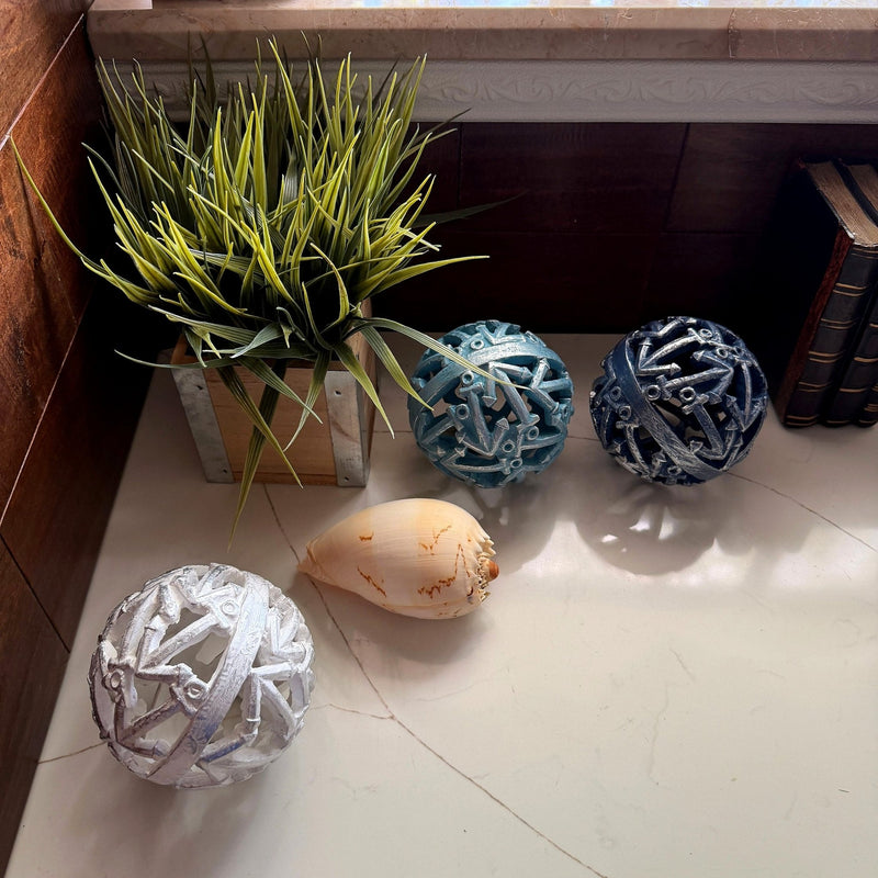 Zeckos Decorative Orb Set Nautical Anchor Resin Spheres, 4.5 Inch Coastal Bowl Filler Balls in Distressed White, Aqua and