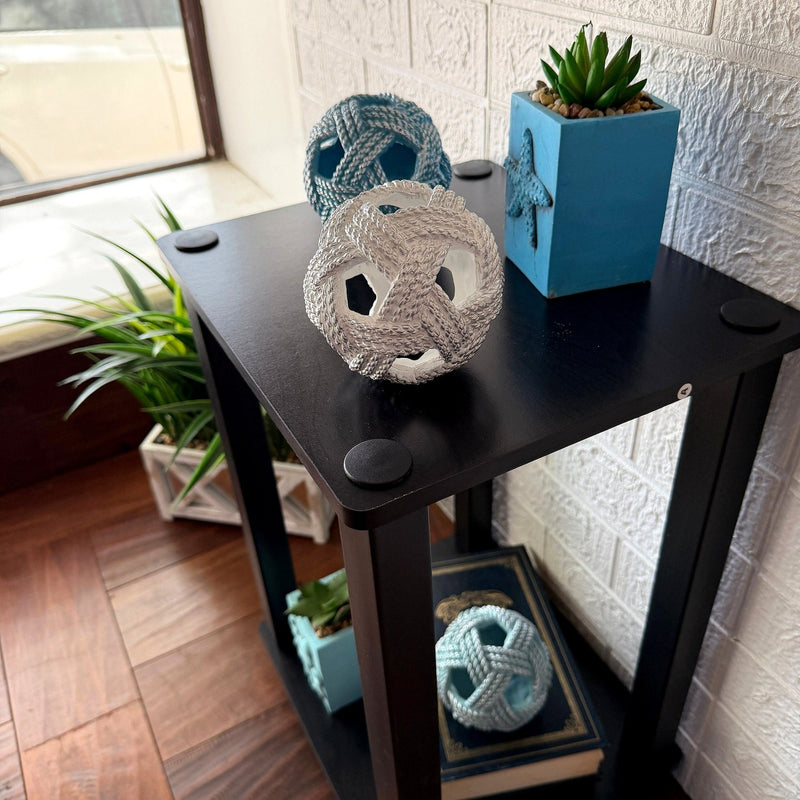 Zeckos Decorative Orbs Set of 3, Coastal Resin Rope Look Accent Balls, 4 Inch Sphere Bowl Fillers in Blue Aqua and Sand with