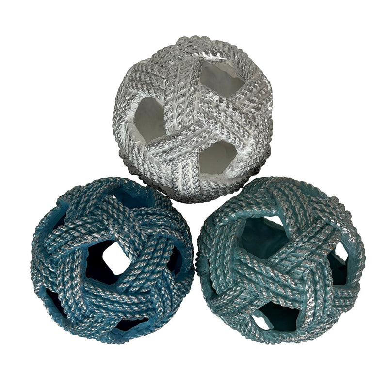 Zeckos Decorative Orbs Set of 3, Coastal Resin Rope Look Accent Balls, 4 Inch Sphere Bowl Fillers in Blue Aqua and Sand with