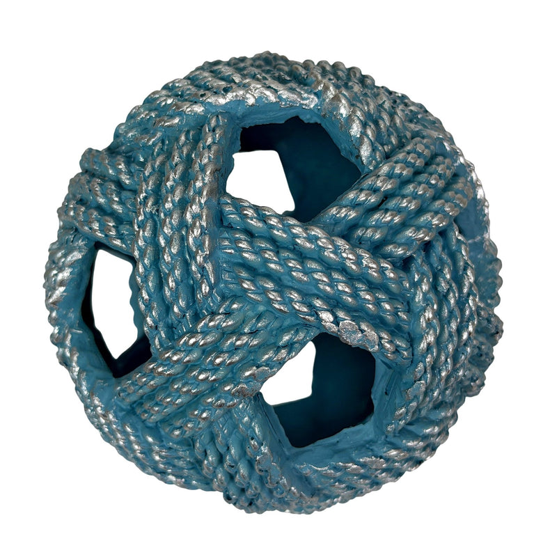 Zeckos Decorative Orbs Set of 3, Coastal Resin Rope Look Accent Balls, 4 Inch Sphere Bowl Fillers in Blue Aqua and Sand with
