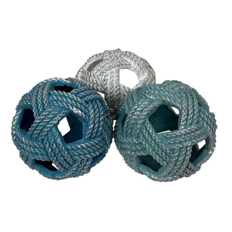 Zeckos Decorative Orbs Set of 3, Coastal Resin Rope Look Accent Balls, 4 Inch Sphere Bowl Fillers in Blue Aqua and Sand with