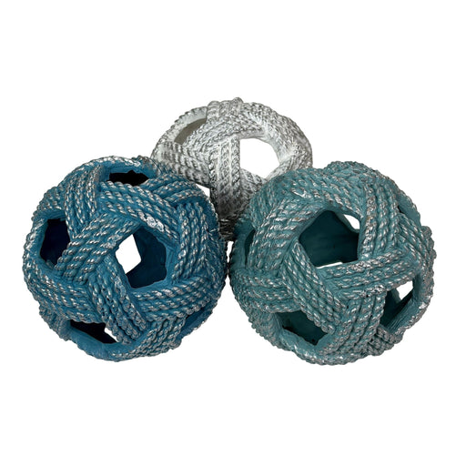 Zeckos Decorative Orbs Set of 3, Coastal Resin Rope Look Accent Balls, 4 Inch Sphere Bowl Fillers in Blue Aqua and Sand with