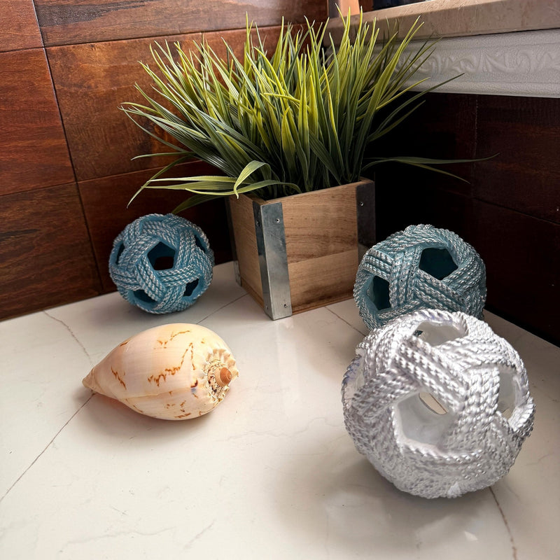 Zeckos Decorative Orbs Set of 3, Coastal Resin Rope Look Accent Balls, 4 Inch Sphere Bowl Fillers in Blue Aqua and Sand with