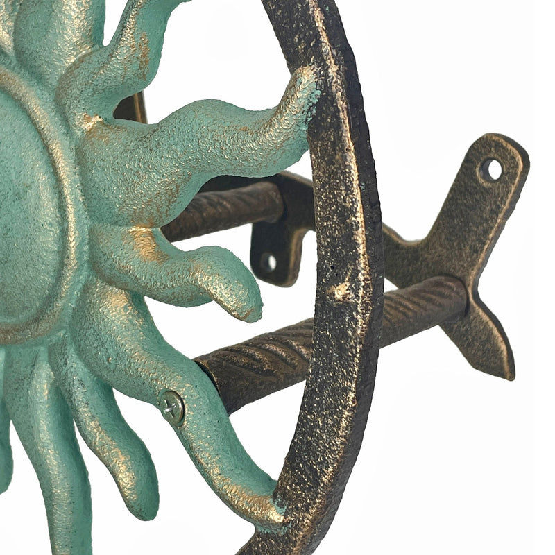 Decorative Sun Cast Iron Hose Holder  Verdigris & Bronze Finish, 11.5 in Heavy Duty Wall Mount Hose Reel, Outdoor Garden
