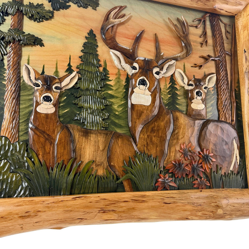 Deer in Woods Intarsia Wood Wall Sculpture, 28.75 x 36 Inch Rustic Brown 3D Deer and Forest Artwork with Live Edge Frame,