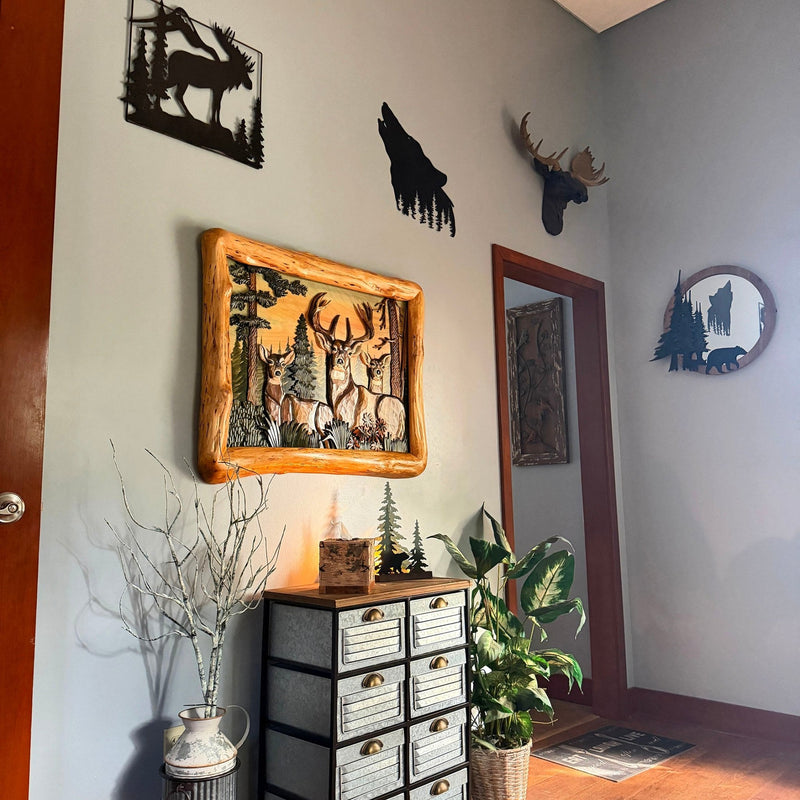 Deer in Woods Intarsia Wood Wall Sculpture, 28.75 x 36 Inch Rustic Brown 3D Deer and Forest Artwork with Live Edge Frame,