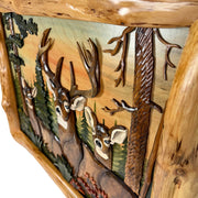Deer in Woods Intarsia Wood Wall Sculpture, 28.75 x 36 Inch Rustic Brown 3D Deer and Forest Artwork with Live Edge Frame,