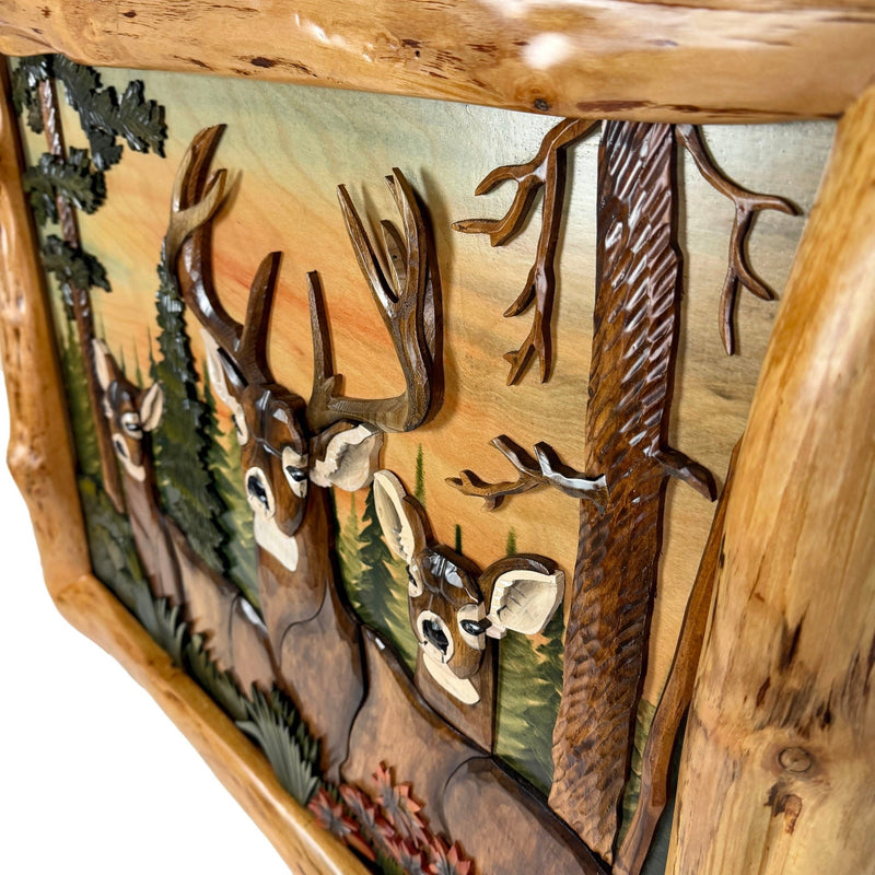 Deer in Woods Intarsia Wood Wall Sculpture, 28.75 x 36 Inch Rustic Brown 3D Deer and Forest Artwork with Live Edge Frame,