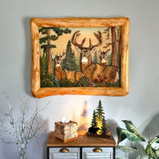 Deer in Woods Intarsia Wood Wall Sculpture, 28.75 x 36 Inch Rustic Brown 3D Deer and Forest Artwork with Live Edge Frame,