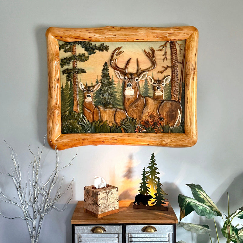 Deer in Woods Intarsia Wood Wall Sculpture, 28.75 x 36 Inch Rustic Brown 3D Deer and Forest Artwork with Live Edge Frame,