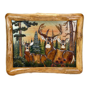 Deer in Woods Intarsia Wood Wall Sculpture, 28.75 x 36 Inch Rustic Brown 3D Deer and Forest Artwork with Live Edge Frame,