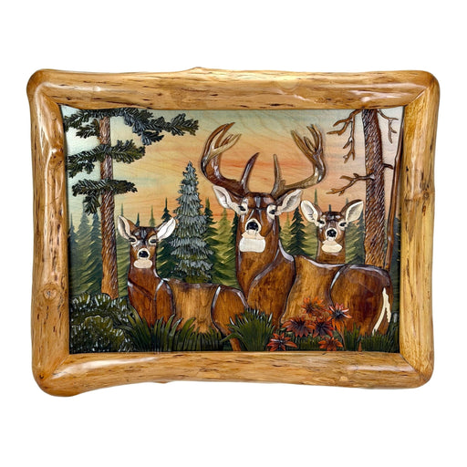 Deer in Woods Intarsia Wood Wall Sculpture, 28.75 x 36 Inch Rustic Brown 3D Deer and Forest Artwork with Live Edge Frame,