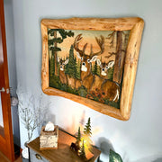 Deer in Woods Intarsia Wood Wall Sculpture, 28.75 x 36 Inch Rustic Brown 3D Deer and Forest Artwork with Live Edge Frame,