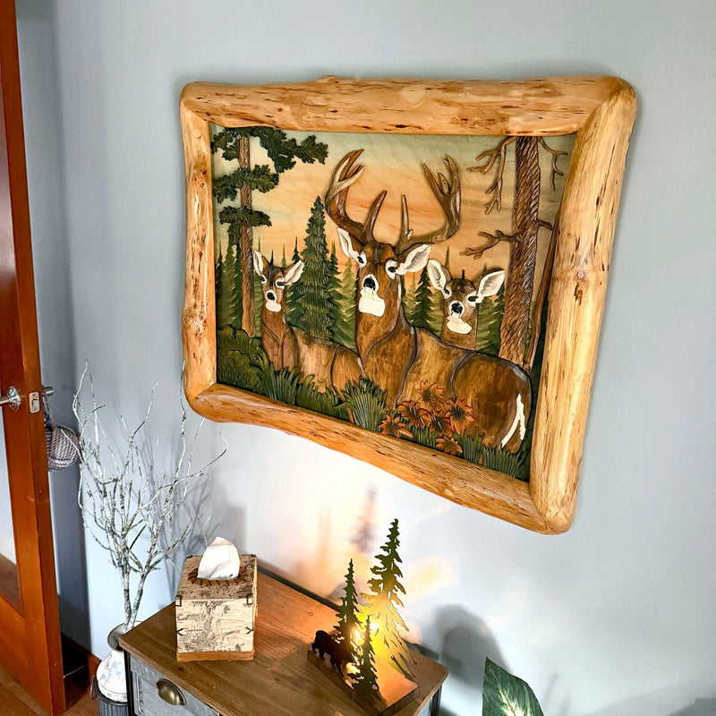 Deer in Woods Intarsia Wood Wall Sculpture, 28.75 x 36 Inch Rustic Brown 3D Deer and Forest Artwork with Live Edge Frame,